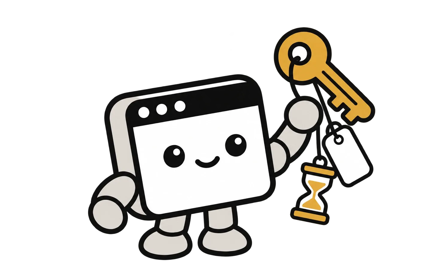 An agent bot holding a tagged copy key with a small hourglass hanging from it