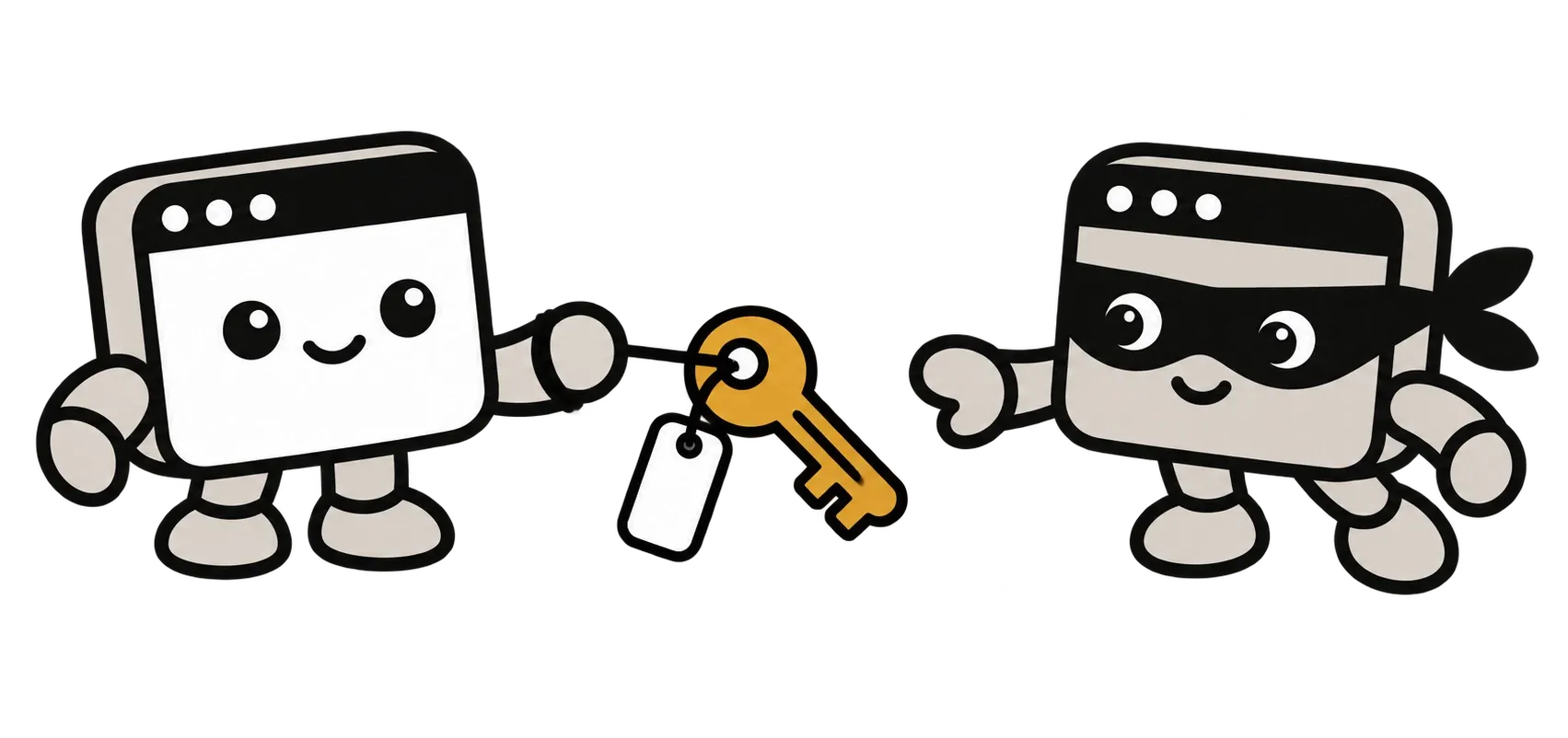 A tagged copy key tied to one agent bot, while a masked bot reaches for it