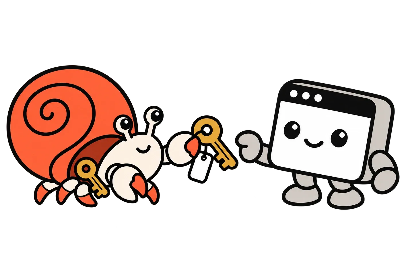 Kip hands a tagged golden copy key to a small app character, while his own key stays at his shell