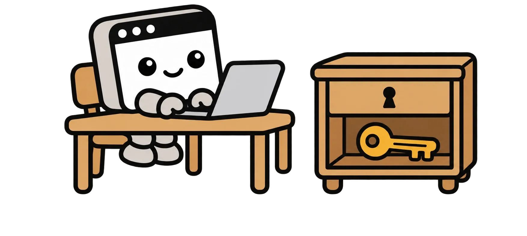 An agent bot typing at a laptop, with the real key locked in a cabinet out of its reach