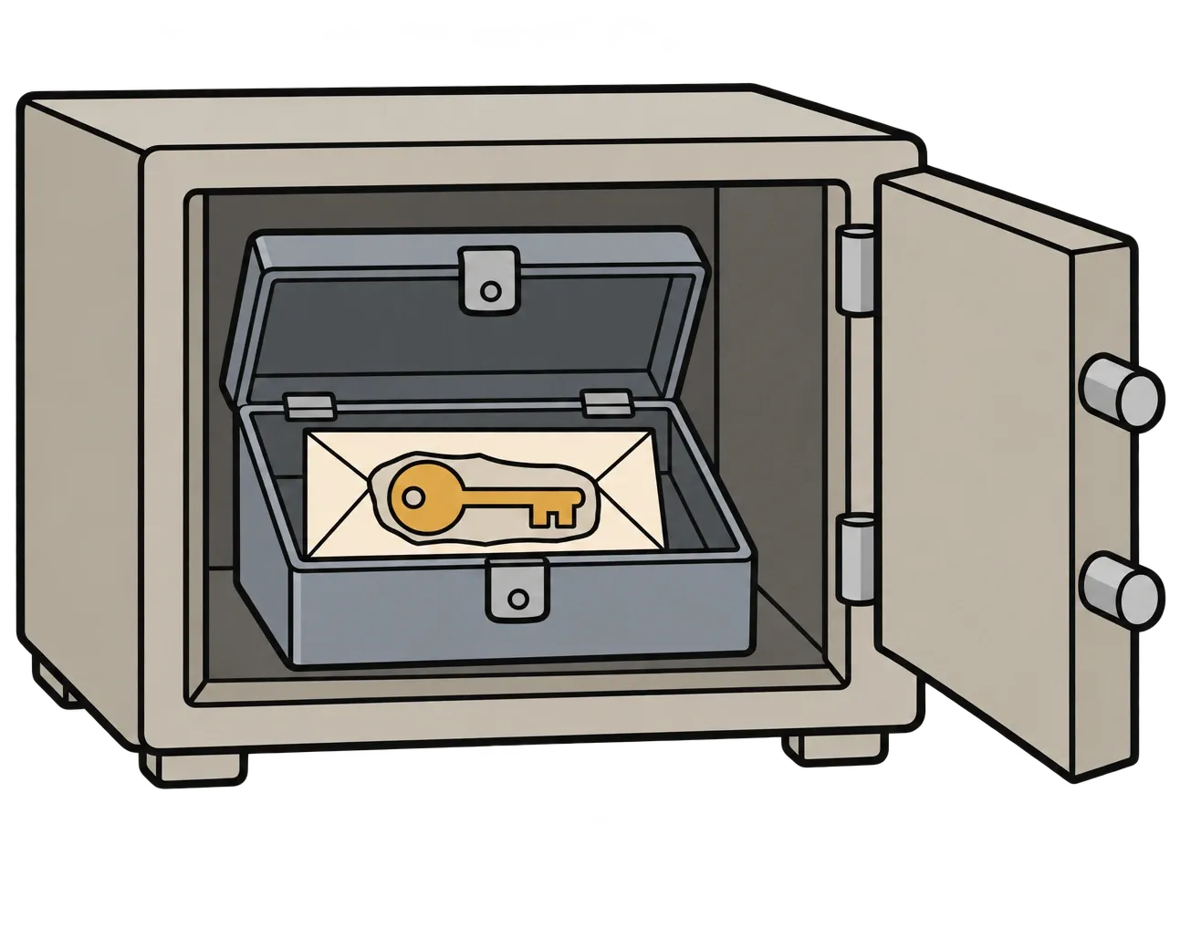 A golden key in an envelope, inside a lockbox, inside an open safe