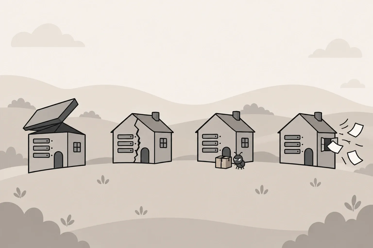 Four small server houses on a hill, each with a different mishap: an open roof, a crack, a parcel with a bug, papers blowing out of a window