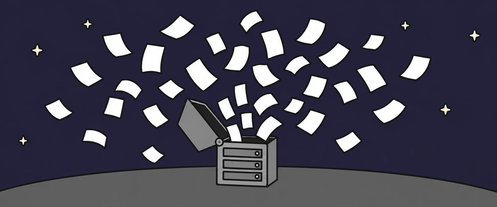 A small server house on a hill at night, its roof flipped open and sheets of paper blowing out into the sky