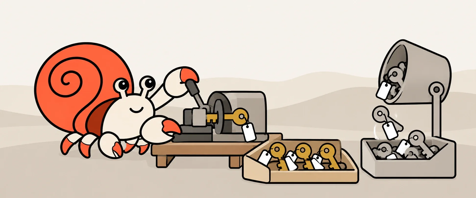 Kip cutting fresh copy keys on a machine while a bucket of grey revoked copies tips into a bin