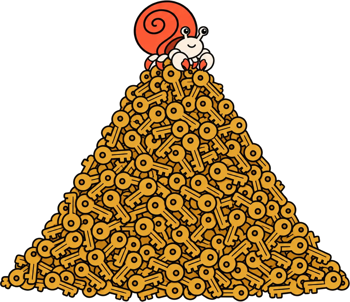 Kip standing on top of a mountain of golden keys