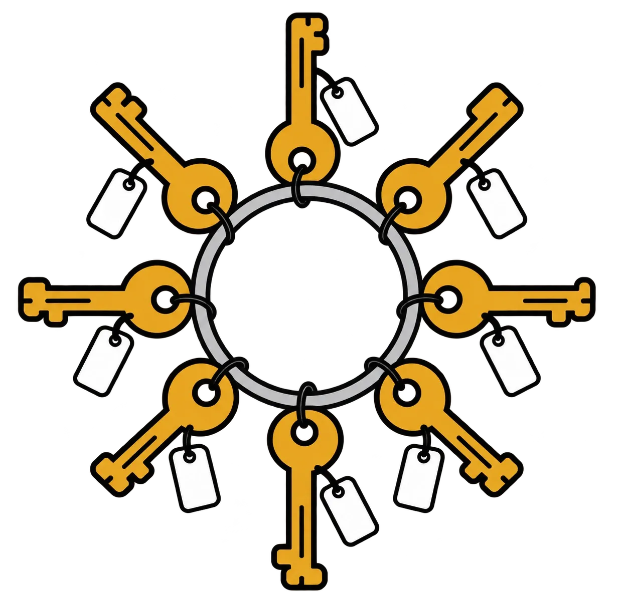 A key ring holding eight golden copy keys, each with its own blank tag