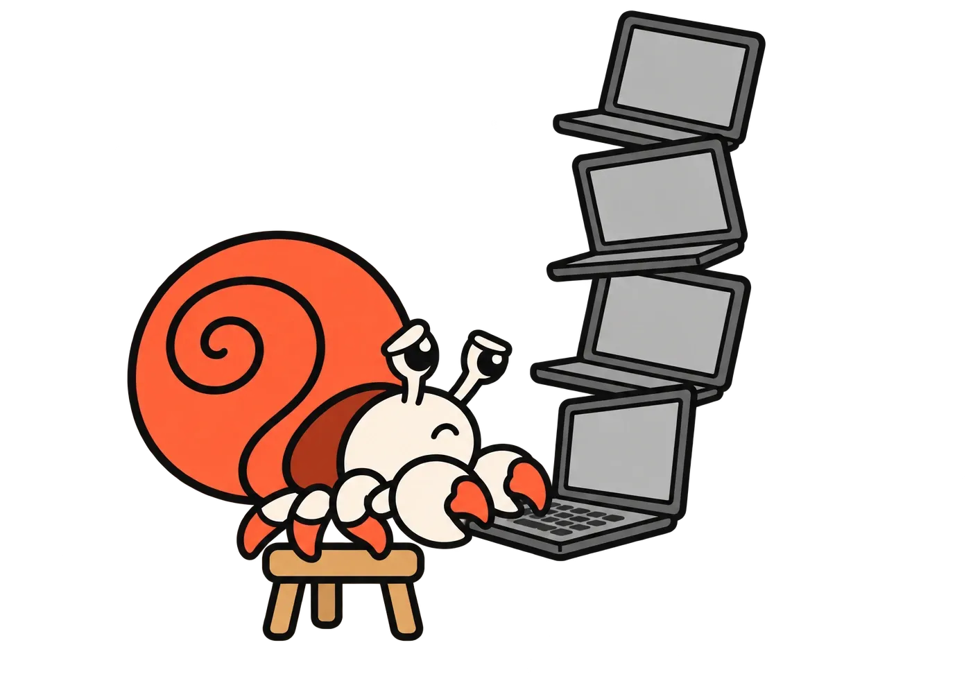 Kip on a stool, typing at the bottom of a tall stack of laptops