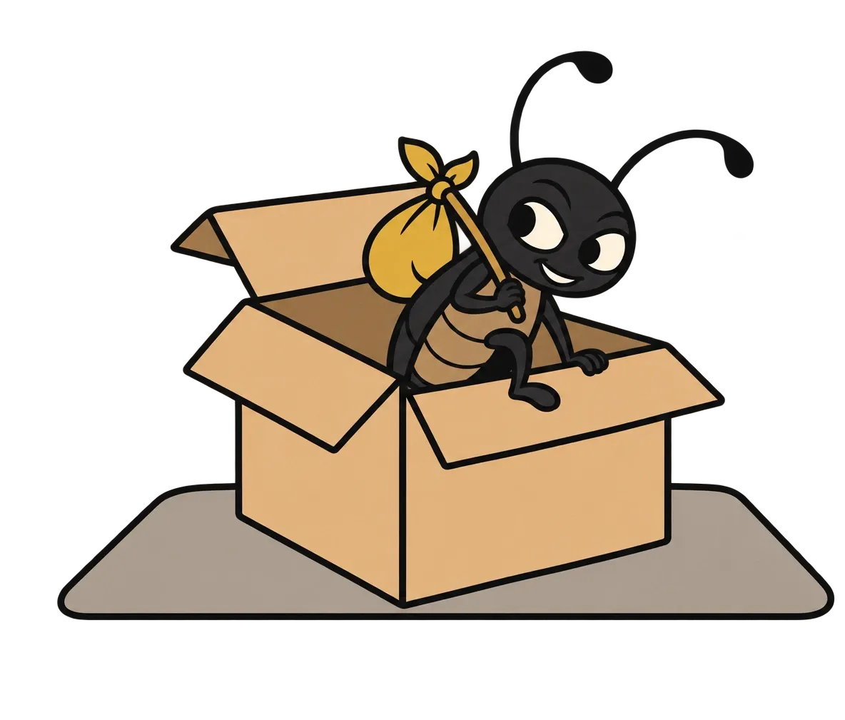 A sly bug climbing out of a cardboard parcel with a sack over its shoulder