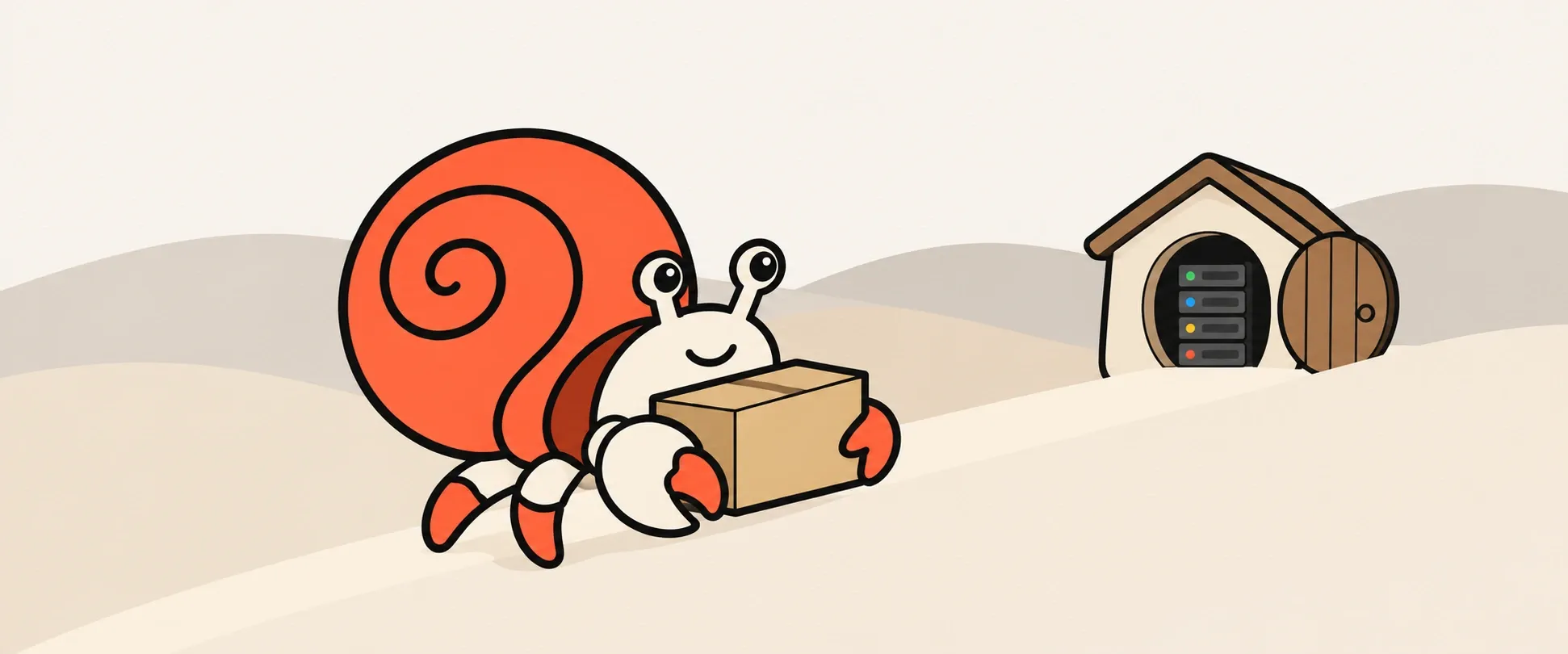 Kip carrying a moving box toward a small house of his own with a server rack inside